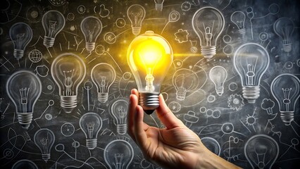 A hand holding a brightly glowing incandescent light bulb against a backdrop of many unlit bulbs symbolizing innovation and new ideas