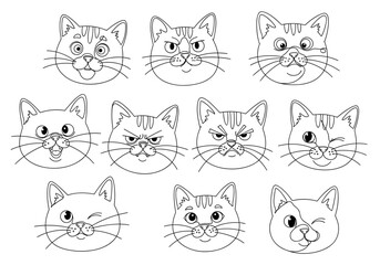 Cartoon cat faces showing various emotions and expressions  