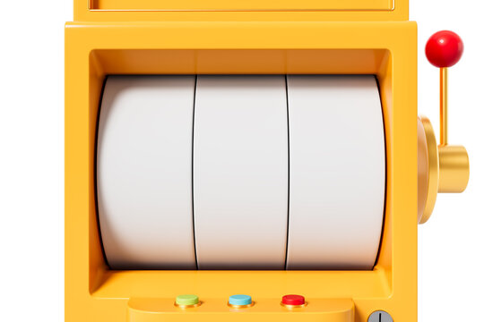 Close-up of a yellow slot machine with blank spinning reels, red lever, and colorful control buttons, isolated on a white background. 3D Rendering