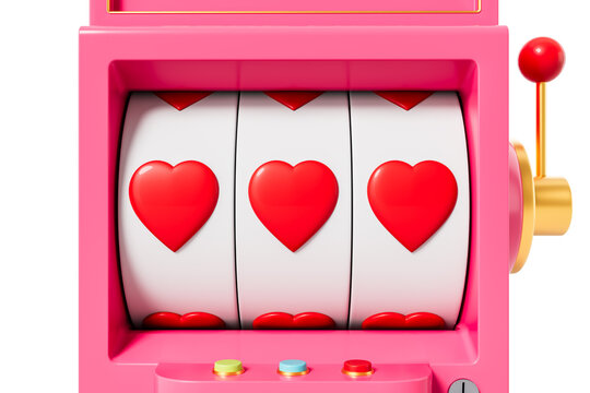 Pink slot machine with three red heart symbols perfectly aligned, colorful buttons, and golden lever on a clean white background. Concept of love and luck. 3D Rendering