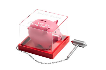 Piggy bank enclosed in emergency glass box with hammer attached by chain on white background, symbolizing financial savings for crisis. 3D Rendering