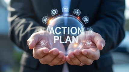 Person holding a glass sphere with ACTIONPLAN and surrounding business icons action plan