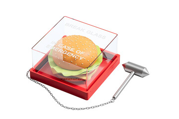 Cheeseburger locked inside emergency glass box with hammer on white background, humorous concept of fast food craving as urgent emergency. 3D Rendering