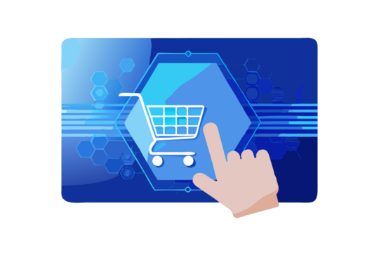 Hand touching a shopping cart icon on a futuristic blue digital screen