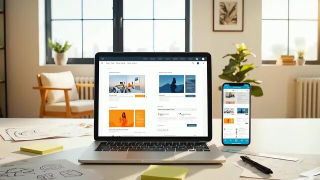 Modern Interior Design Laptop Mockup with Architectural Plans Sketches.