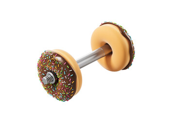 Dumbbell made of colorful sprinkled donuts with a metal handle, rendered in a realistic 3D style on a white background, symbolizing fitness vs sweets. 3D Rendering.