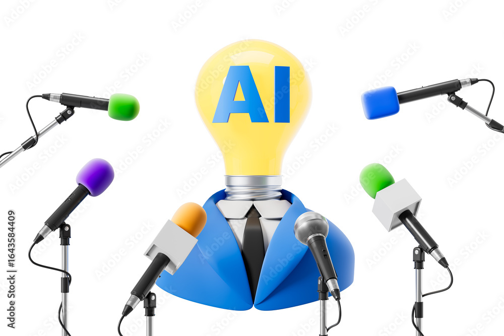 Poster lightbulb figure with ai text in a blue suit, surrounded by colorful microphones, 3d rendering on wh