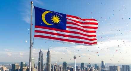 Malaysia Independence Day Celebration with Flag and Kuala Lumpur Skyline.