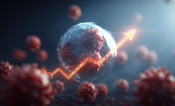 A translucent globe, virus-covered, with a rising graph - Powered by Adobe