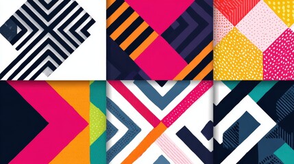 Geometric Patterns: Geometric patterns with sharp angles, vibrant colors, and clean lines, isolated on a white background