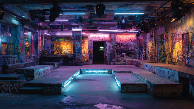 Urban graffiti art space with neon lights and stage for performance or event venue background design