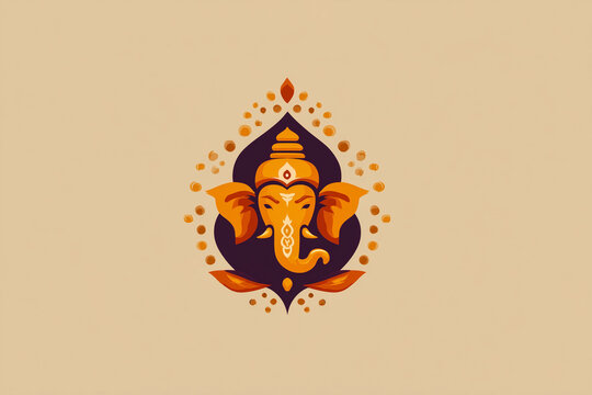 
Minimalistic flat Ganesha logo in orange and gold tones, surrounded by space for text perfect for social media brand creatives during Ganesh Chaturthi.

