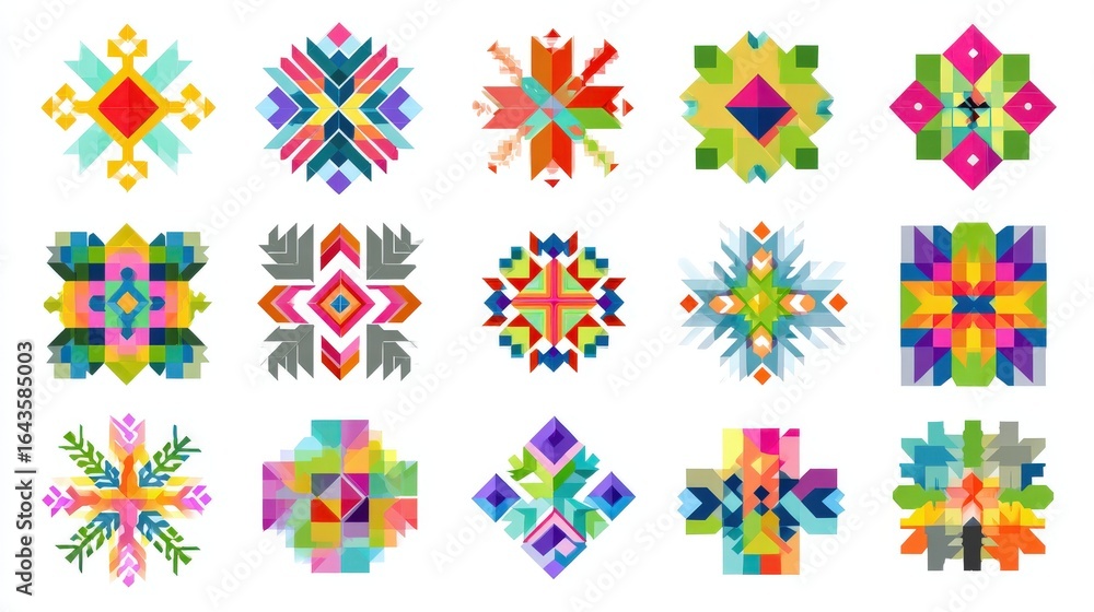 Poster geometric patterns: intricate geometric patterns with sharp angles, bright colors, and clean lines, 