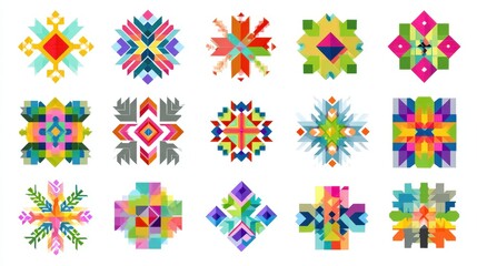 Geometric Patterns: Intricate geometric patterns with sharp angles, bright colors, and clean lines, isolated on a white background