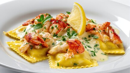 Gourmet dish of lobster ravioli with lemon cream sauce, isolated on a white background