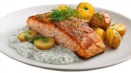 Gourmet plate of seared salmon with a dill sauce and roasted potatoes, isolated on a white background