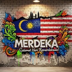 Malaysian Merdeka Day Graffiti Art with National Flag on a Brick Wall