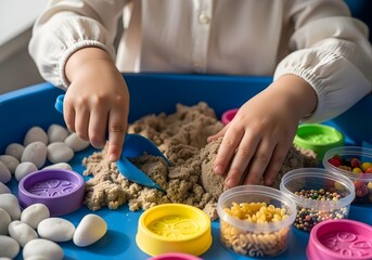 Autistic child hands playing with kinetic sand and sensory tools in occupational therapy for tactile stimulation motor skills autism awareness and neurodiversity inclusion