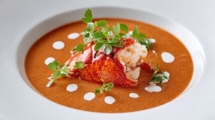 High-end dish of lobster bisque with a dollop of cream and fresh herbs, isolated on a white background