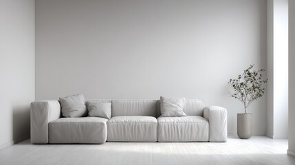 Minimalist lounge area with a simple sectional sofa, isolated on a white background