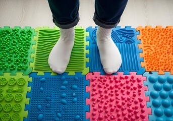 Sensory therapy textured floor tiles for autistic children tactile stimulation proprioception and neurodiversity inclusion awareness in occupational therapy sessions