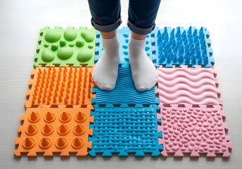 Sensory therapy textured floor tiles for autistic children tactile stimulation proprioception and neurodiversity inclusion awareness in occupational therapy sessions