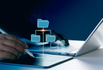Digital file storage, document organization system concept, hand using stylus pen on digital tablet...