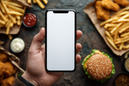 Delicious fast food feast with a smartphone at a table during lunchtime in a casual dining setting Generative AI