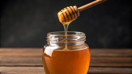 Honey dipper pours honey in clear jar on wood. Ideal for food and beverage, cooking, natural and organic, and farm themes.