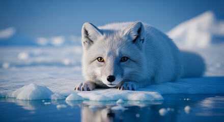  Playful Arctic Fox at the Polar Edge: A Dreamlike Close-Up Amidst Shimmering Ice and Endless Frozen Waters