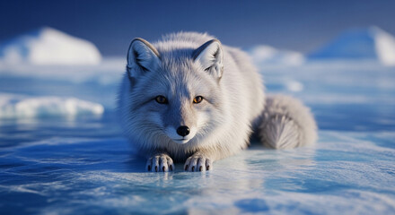  Playful Arctic Fox at the Polar Edge: A Dreamlike Close-Up Amidst Shimmering Ice and Endless Frozen Waters