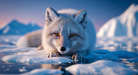  Playful Arctic Fox at the Polar Edge: A Dreamlike Close-Up Amidst Shimmering Ice and Endless Frozen Waters