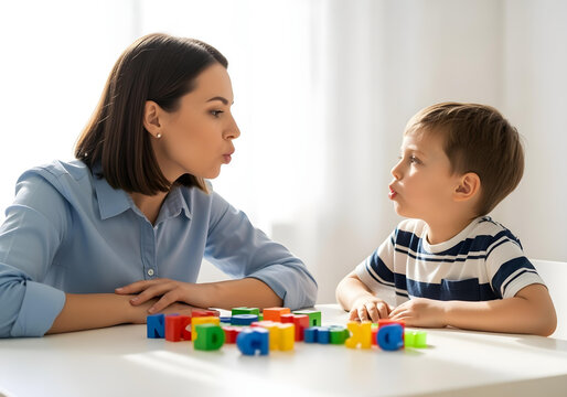 Autistic child boy in speech therapy imitating therapist mouth shape for articulation and pronunciation skills to promote communication and neurodiversity inclusion awareness