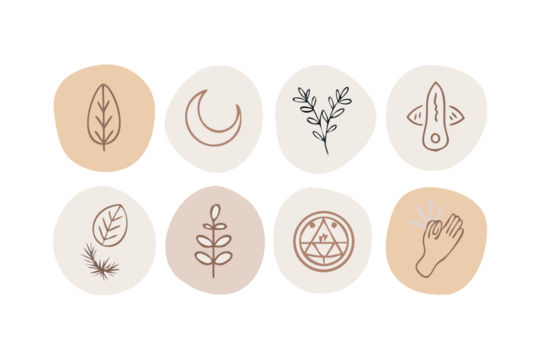 Set of eight abstract oval shapes with delicate line art botanical and celestial illustrations