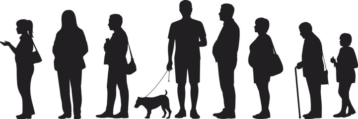 Silhouettes of diverse people standing in line, including woman talking, person walking dog, elderly with cane, isolated on white background, vector illustrationSilhouettes of diverse people standing 