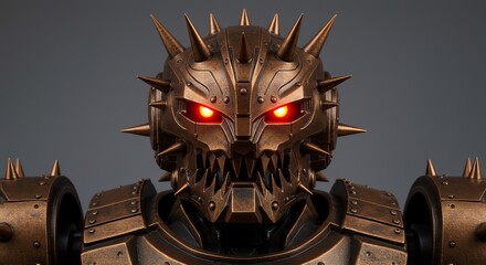 Detailed robotic head with glowing eyes and spiked armor