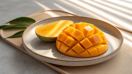 Fresh mango slices displayed on a plate with vibrant green leaves, perfect for tropical food blogs or healthy lifestyle advertisements.