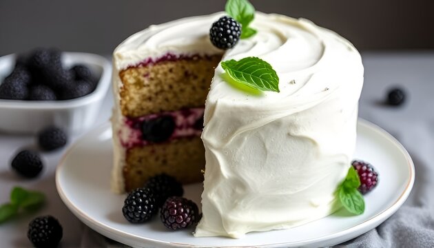 White chocolate cake with blackberry compote filling basil infus