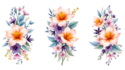 Fototapeta premium Elegant watercolor floral arrangements with various blossoms and decorative greenery isolated on transparent background.