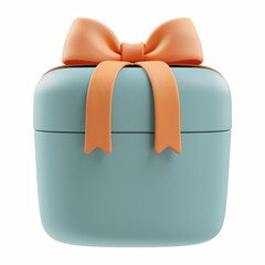 3D render of a short chubby gift box with rounded corners, blue body, and large orange ribbon bow, isolated on transparent background