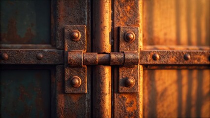Fototapeta premium Rusty Metal Hinge on Cargo Door in Macro Focus with Warm Lighting