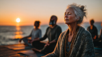 Serene elderly meditation session at sunset showcasing mindfulness relaxation wellness calmness peaceful environment stress relief mental health holistic health outdoor activity