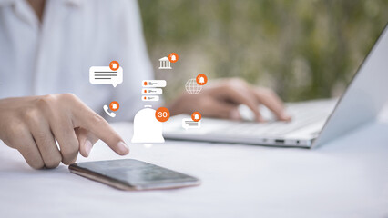 Hand Using Smartphone With Virtual Multiple Notifications Interface