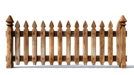 Intricately Detailed Wooden Picket Fence on Pristine White Background Separating Distinct Elements in a Minimalistic, Clean, and Modern Style