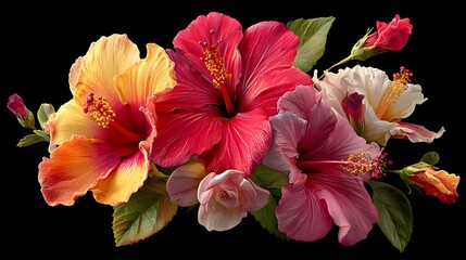 Detailed Tropical Hibiscus Arrangement with Isolated Organic Elements for Creative Botanical Digital Art Masterpiece