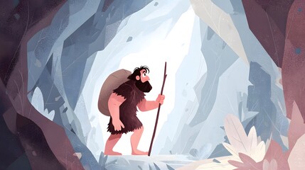 Engaging Digital Illustration of a Humorous Caveman Striding Through a Mysterious Cave with Distinct Layers and Delicate Gradients