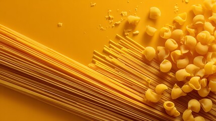 Intricate Minimalist Composition of Dry Pasta with Visible Spaghetti Ends and Scattered Macaroni at the Base
