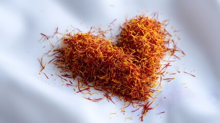 An Elaborate Gourmet Visual Artistry Featuring Heart-Shaped Saffron Threads on a Pristine White Backdrop, Captured with a Top-Down Perspective for Enhanced Intricate Detailing