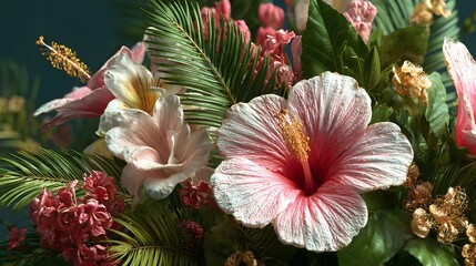 Modern Tropical Scene with Lush Hibiscus and Carefully Crafted Ornamental Elements for Innovative Floral Art