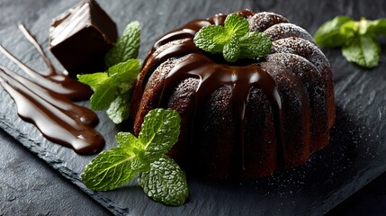 Exquisite Confectionery Art Featuring a Chocolate Bunt Cake with Mint Sprig and Distinct Chocolate Segment on a Sleek Slate Plate